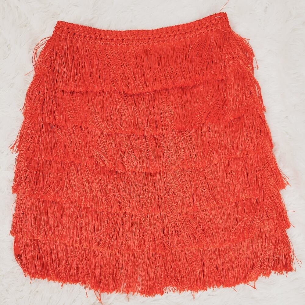 MISSGUIDED Burnt Orange Fringe‎ Mini Skirt Flirty Festival Party Size 6